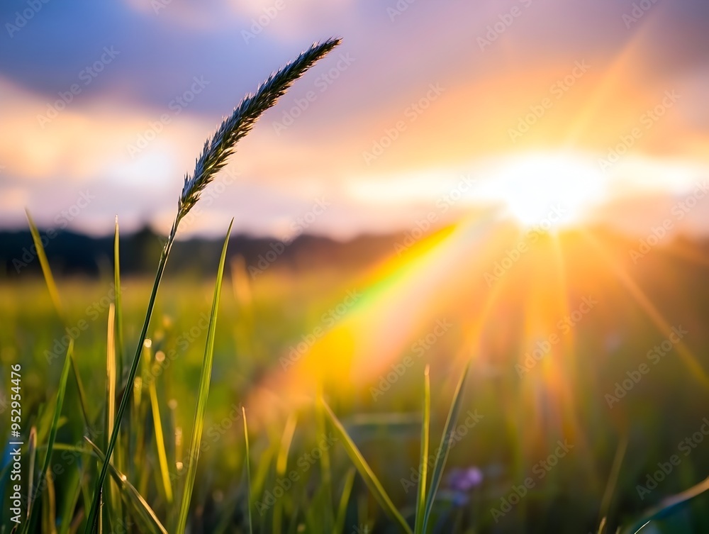 Obraz premium Vibrant Prismatic Rainbow Graces Picturesque Rural Landscape After Downpour
