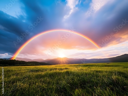 Vibrant Prismatic Rainbow Stretching Across Picturesque Rural Countryside Scene After Downpour