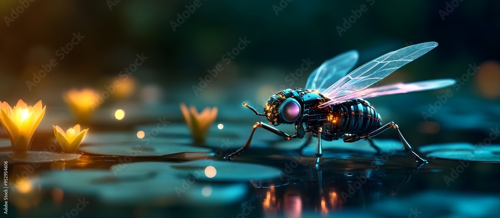 Robotic Mechanical Fly with Transparent Wings Perches on Water Lilies in Pond against Dark Green Background Robotic Mechanical Fly with Transparent Wings Perches on Water Lilies in Pond against Dark Green Background