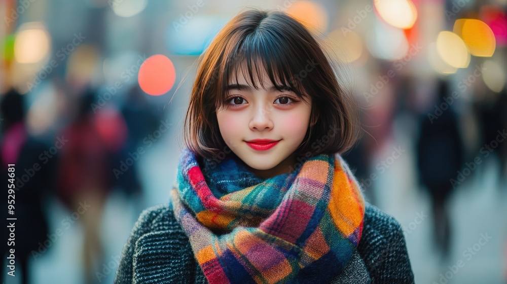 A young girl with a stylish bob haircut, wearing a colorful scarf and a coat, standing on a busy city street in autumn. A young girl with a stylish bob haircut, wearing a colorful scarf and a coat, standing on a busy city street in autumn.