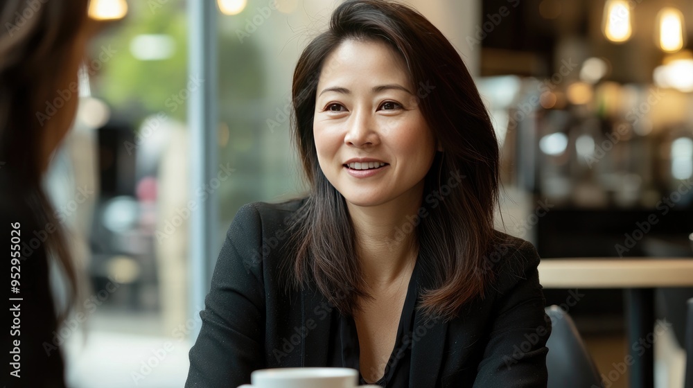 An Asian businesswoman in business casual attire, smiling while having a productive discussion with a colleague over coffee. An Asian businesswoman in business casual attire, smiling while having a productive discussion with a colleague over coffee.