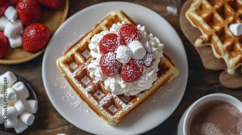 Breakfast flat lay with waffles topped with whipped cream, strawberries, and a cup of hot chocolate with marshmallows.90bbe274906b Breakfast flat lay with waffles topped with whipped cream, strawberries, and a cup of hot chocolate with marshmallows.90bbe274906b