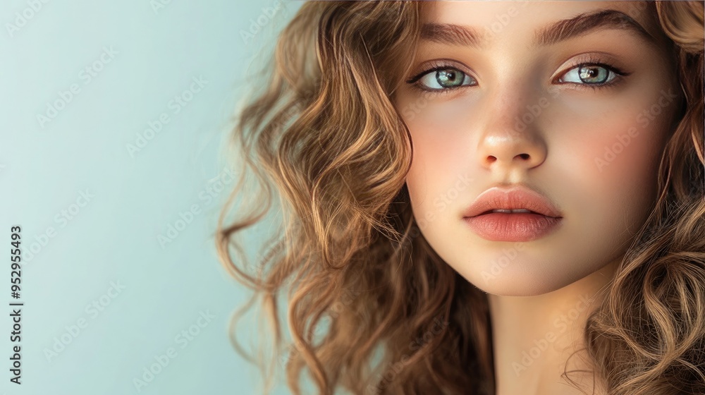 Naklejka premium Close-up of a pretty young girl with natural makeup, soft curls, and a confident expression against a plain pastel background.
