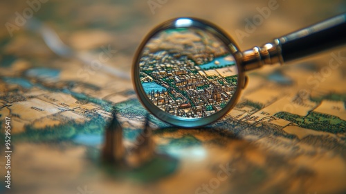 Close-up of a magnifying glass hovering over a map, highlighting a specific city, with other map details slightly blurred