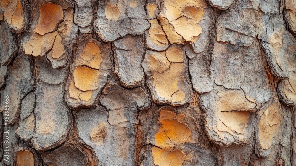Close-up of pine tree bark texture, showing the rugged, cracked surface with a natural earthy color palette. Close-up of pine tree bark texture, showing the rugged, cracked surface with a natural earthy color palette.