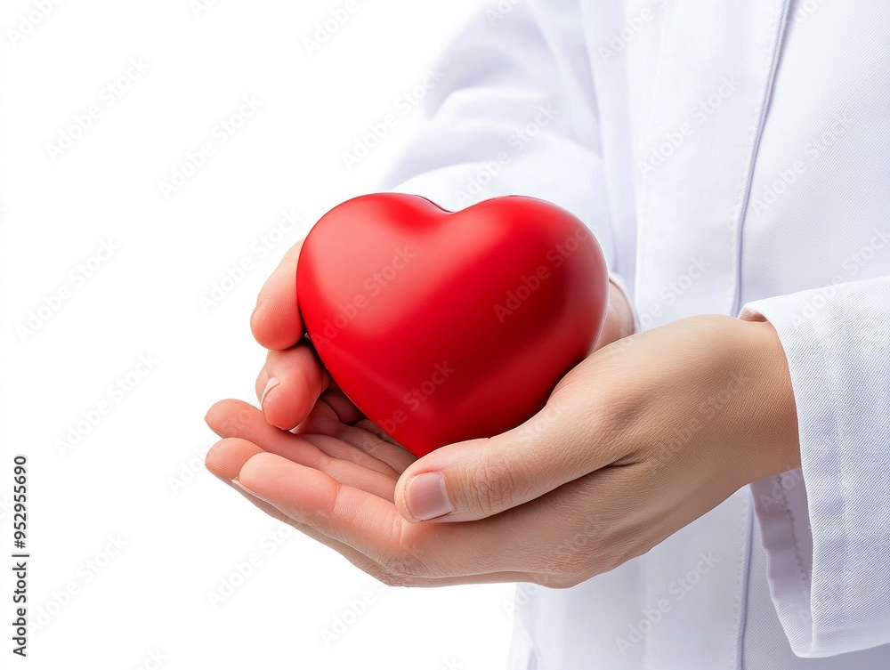 A caring hand holds a vibrant red heart symbolizing love, compassion, and healthcare in a clinical environment. A caring hand holds a vibrant red heart symbolizing love, compassion, and healthcare in a clinical environment.