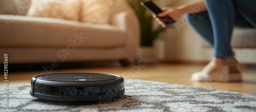 Robot Vacuum Cleaner Cleaning the Carpet in a Modern Living Room photo