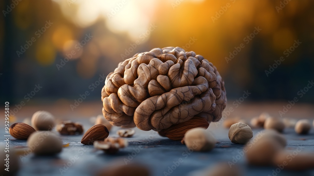 Obraz premium Meticulously Arranged Walnuts Mimicking the Form of a Human Brain Organic Brain Food Concept