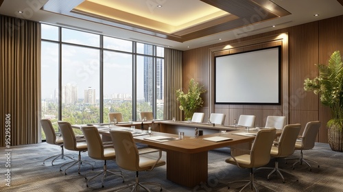 Wallpaper Mural Conference room in a hotel with a large table, ergonomic chairs, and a projector screen. Torontodigital.ca