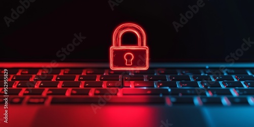 A glowing red lock symbol on a laptop keyboard, symbolizing data security and protection against cyber threats.