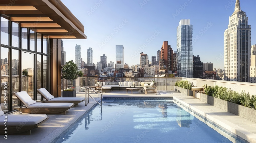 Elegant rooftop pool overlooking a bustling city skyline with sun loungers and modern decor. Elegant rooftop pool overlooking a bustling city skyline with sun loungers and modern decor.