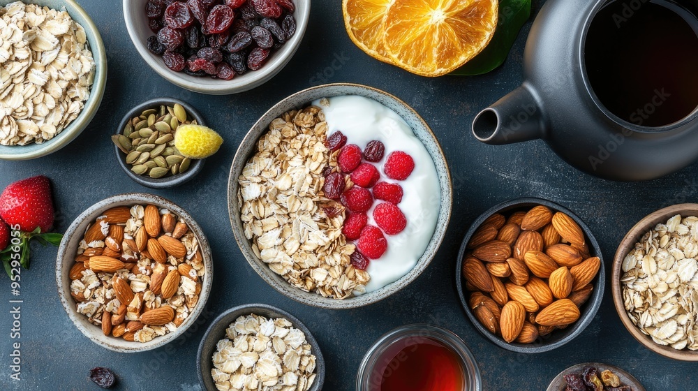 Flat lay of a breakfast with muesli, dried fruits, nuts, and a bowl of yogurt, served with a pot of black tea. Flat lay of a breakfast with muesli, dried fruits, nuts, and a bowl of yogurt, served with a pot of black tea.