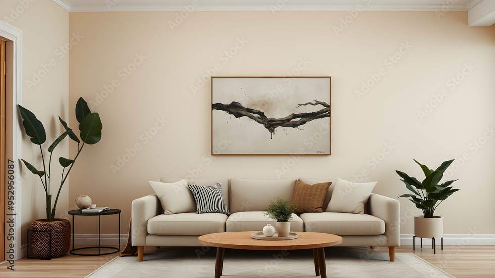 custom made wallpaper toronto digitalA bright living room featuring a white couch and an elegant painting on the wall, creating a serene atmosphere