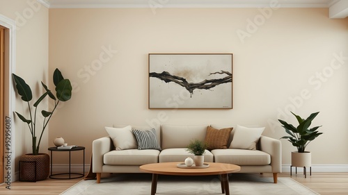 A bright living room featuring a white couch and an elegant painting on the wall, creating a serene atmosphere photo