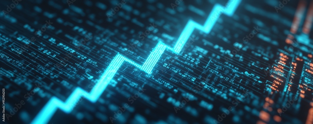 Dynamic digital graph showing upward trend with glowing blue line over data matrix, symbolizing growth and analysis. Dynamic digital graph showing upward trend with glowing blue line over data matrix, symbolizing growth and analysis.