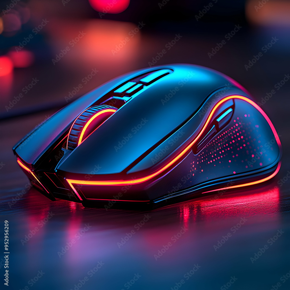 Gaming Mouse with Neon Lights and Red Accent - 3D Illustration Gaming Mouse with Neon Lights and Red Accent - 3D Illustration