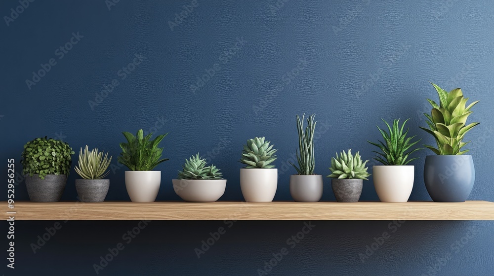 Floating wall shelf with a row of stylish potted plants and a few decorative items, against a dark blue wall. Floating wall shelf with a row of stylish potted plants and a few decorative items, against a dark blue wall.