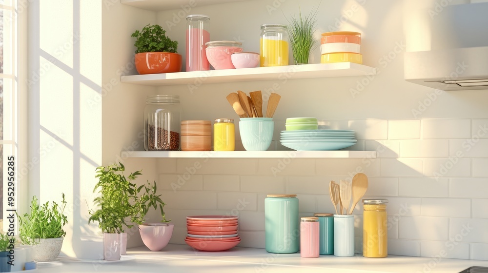 Floating wall shelves in a modern kitchen, filled with colorful jars, bowls, and kitchen essentials, adding vibrancy. Floating wall shelves in a modern kitchen, filled with colorful jars, bowls, and kitchen essentials, adding vibrancy.