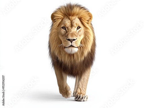 Majestic lion walking gracefully, showcasing its powerful presence and beautiful mane in stunning detail.