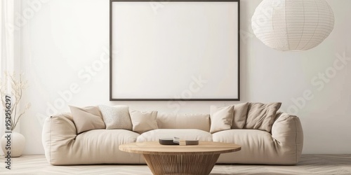 Modern living room with a cozy beige sofa, round wooden coffee table, and a blank wall ready for artwork. photo