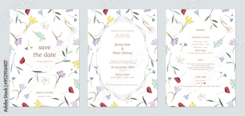 Wedding invitation template set, colorful flowers pattern on white background
