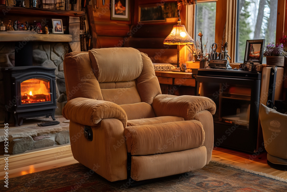 Cabin Comfort: Tan Corduroy Recliner in a Warm Rustic Setting Cabin Comfort: Tan Corduroy Recliner in a Warm Rustic Setting