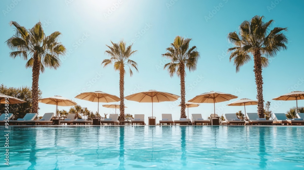 Outdoor pool area of a luxury hotel with sun loungers, umbrellas, and palm trees under a clear blue sky. Outdoor pool area of a luxury hotel with sun loungers, umbrellas, and palm trees under a clear blue sky.