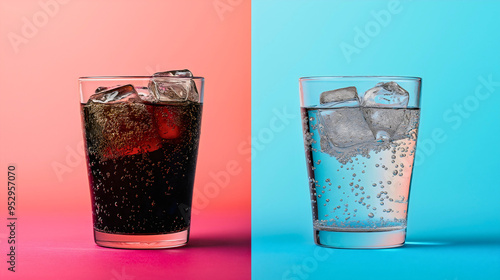 Soda versus water, health choice for hydration and wellness, sugar intake balance with fitness goals, refreshing decision for clarity and energy in mindful lifestyle photo