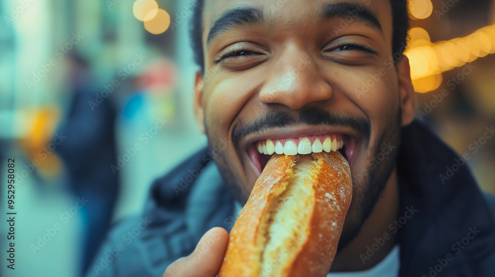 Happy Frenchman eating baguette, smiling man with traditional French bread, cheerful Parisian showcasing national food culture and lifestyle Happy Frenchman eating baguette, smiling man with traditional French bread, cheerful Parisian showcasing national food culture and lifestyle