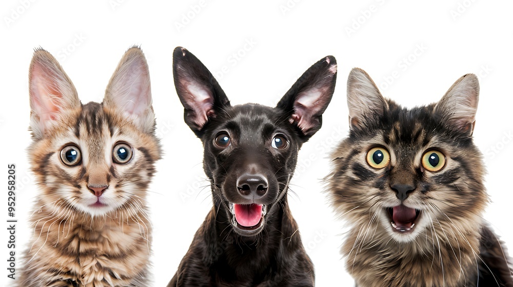 A playful trio of a cat, dog, and another cat with expressive faces. A playful trio of a cat, dog, and another cat with expressive faces.
