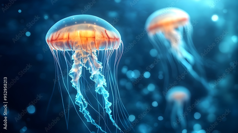 Naklejka premium Glowing Jellyfish in the Mystical Deep Blue Ocean with Bioluminescent Creatures