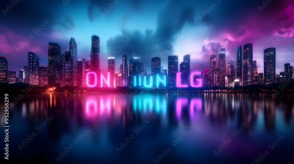 Fototapeta premium Mesmerizing Cityscape at Dusk with Glowing Skyscrapers Reflecting on Tranquil River