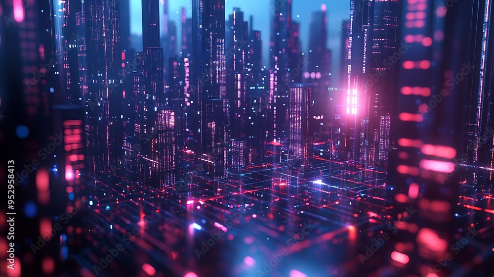 Fototapeta premium Futuristic Cityscape with Neon Lights and Grid Structure