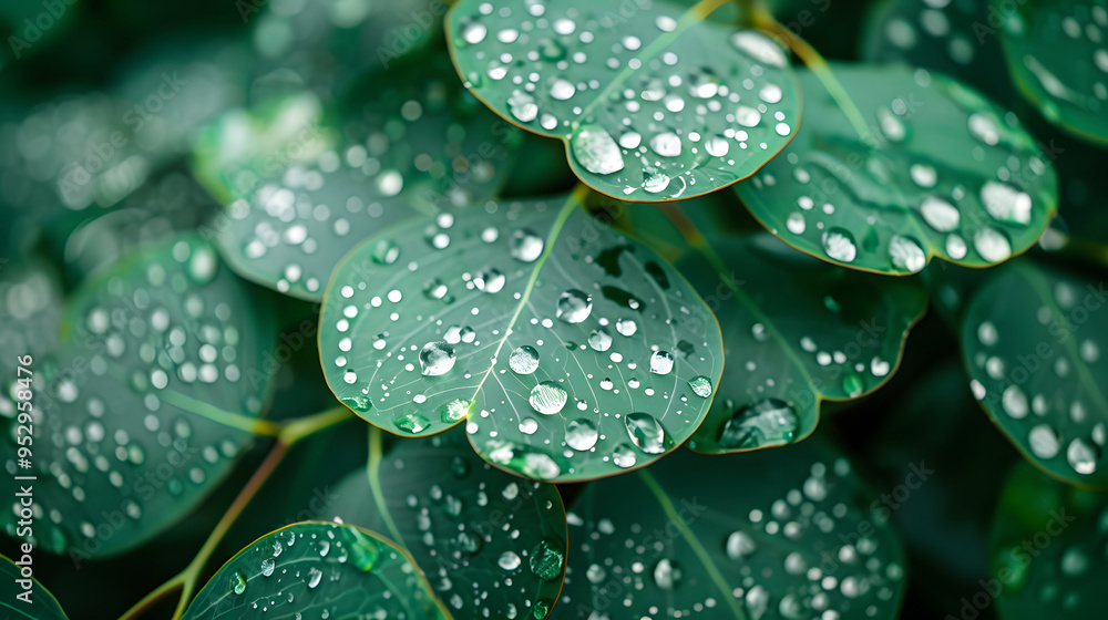 Texture made of green eucalyptus leaves with raindrops, Texture made of green eucalyptus leaves with raindrops,