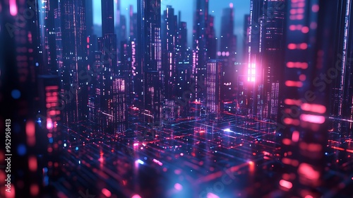 Futuristic Cityscape with Neon Lights and Grid Structure