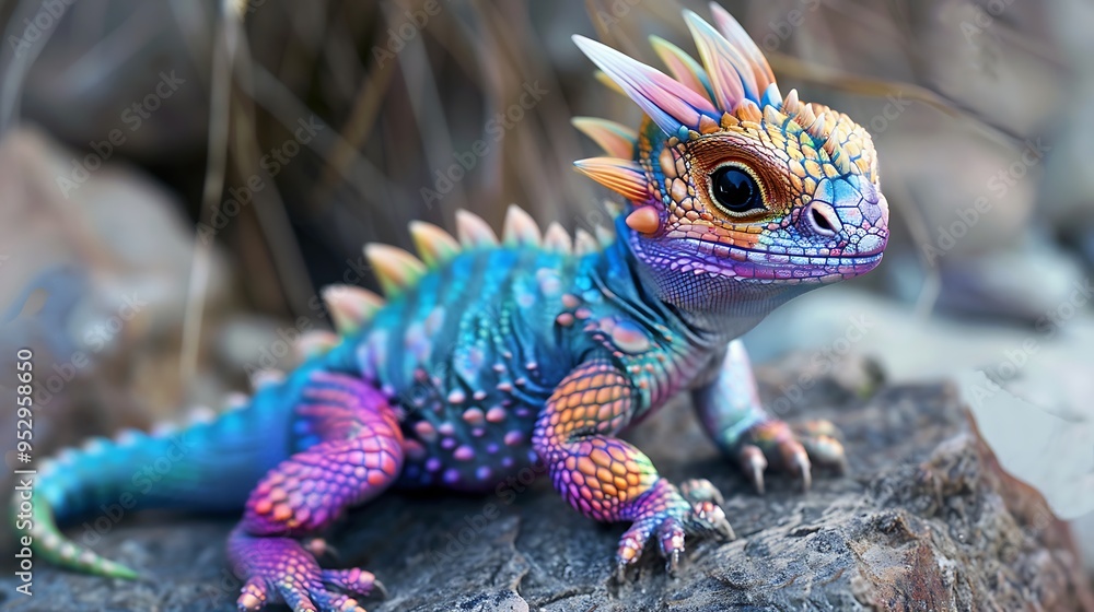 A colorful, fantastical lizard-like creature with vibrant scales and spikes, resting on a rock in a natural setting. A colorful, fantastical lizard-like creature with vibrant scales and spikes, resting on a rock in a natural setting.