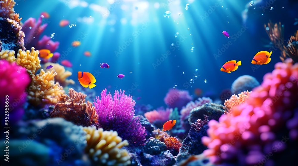 Fototapeta premium Shimmering Underwater Coral Reef Teeming with Vibrant Marine Life and Bioluminescent Glow