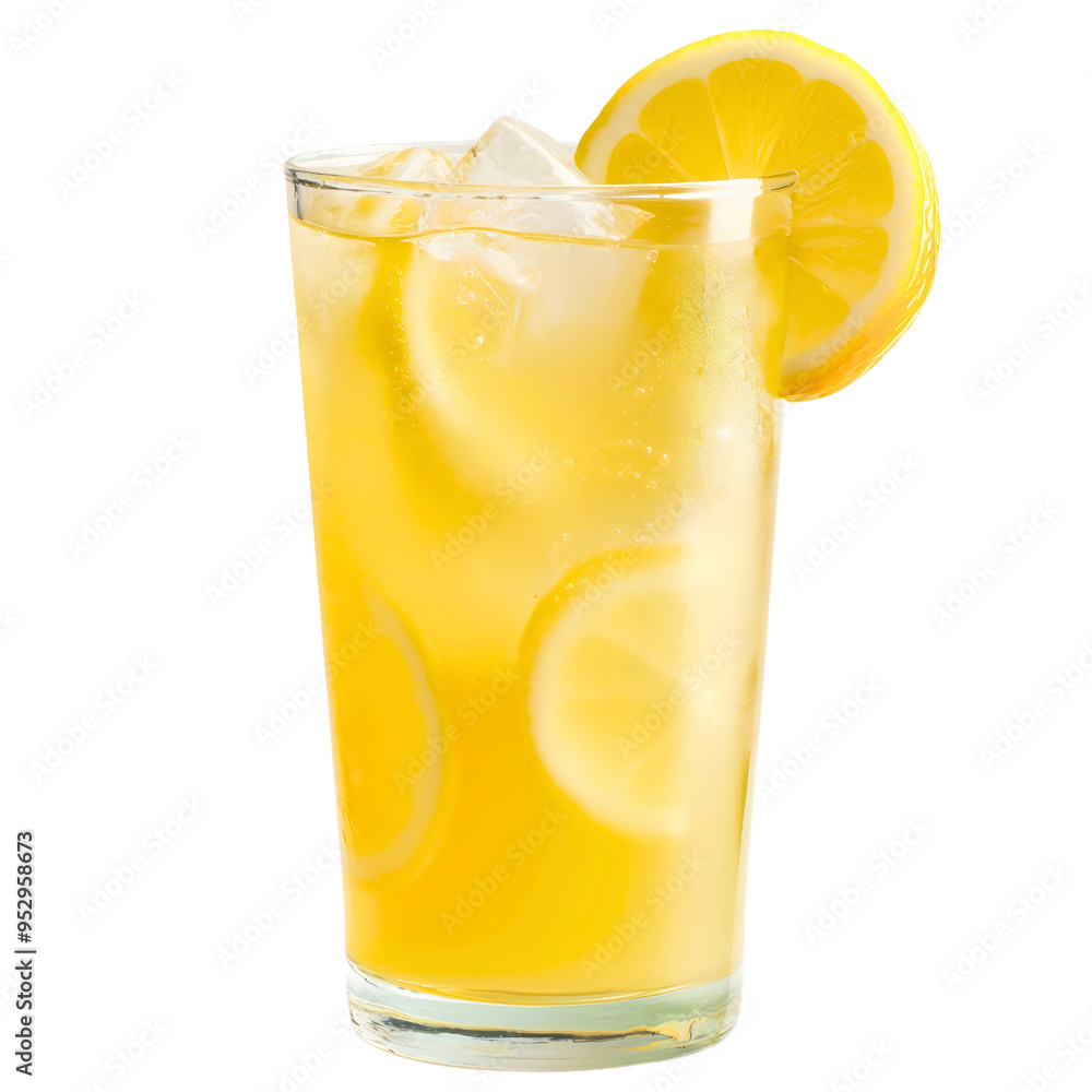 Glass of fresh lemonade juice isolated on transparent background, cold citrus drink with ice cubes, lemon slices, and mint leaves, summer refreshment beverage Glass of fresh lemonade juice isolated on transparent background, cold citrus drink with ice cubes, lemon slices, and mint leaves, summer refreshment beverage