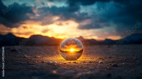 Glowing Enigmatic Celestial Orb Illuminating Mystical Desert at Dusk Radiant and Ethereal Sphere of Ancient Power photo