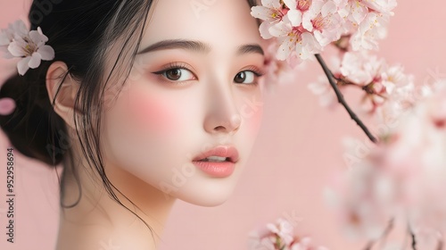 Beauty shot of an Asian woman model with delicate sakura blossoms framing her against a soft pink backdrop