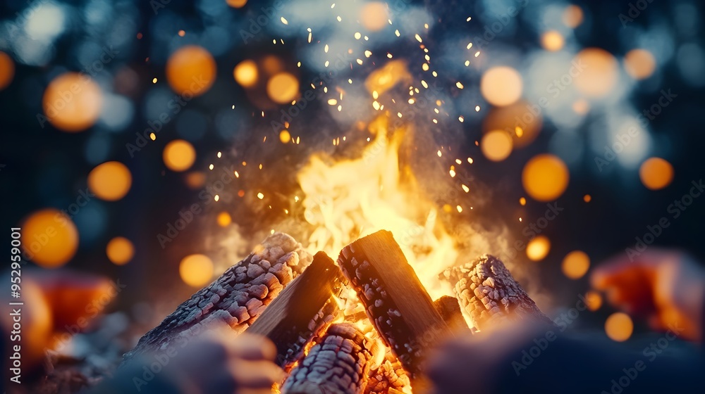 Fototapeta premium Crackling Bonfire Illuminates Celebratory Circle Under Starry Skies in Rustic Mountain Retreat