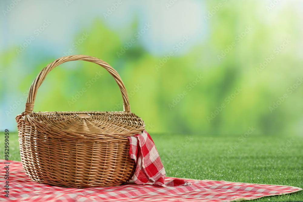 One picnic wicker basket with checkered napkin and blanket on grass against blurred green background. Space for text One picnic wicker basket with checkered napkin and blanket on grass against blurred green background. Space for text
