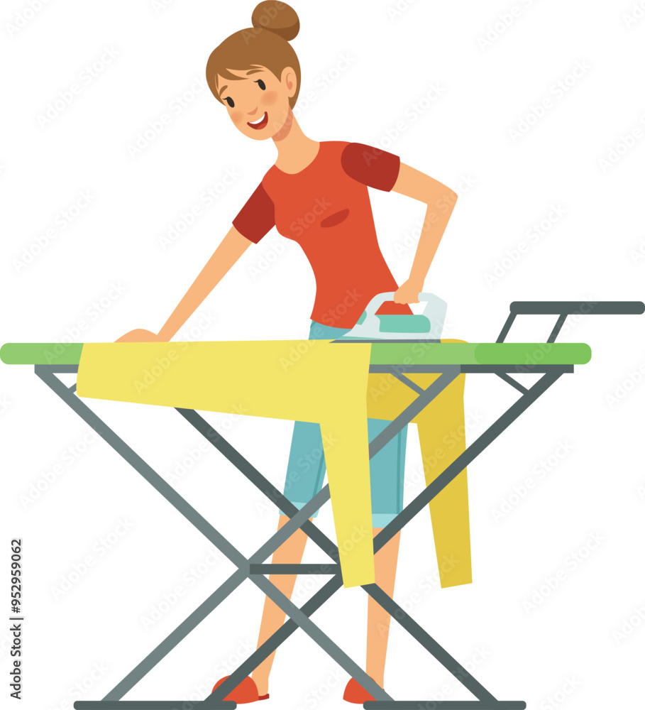 Fototapeta premium Woman ironing clothes. Household routine cartoon character