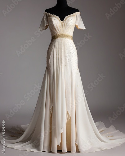 White offtheshoulder gown with intricate gold beading perfect for elegant events and formal occasions. Stunning and luxurious attire.
 photo