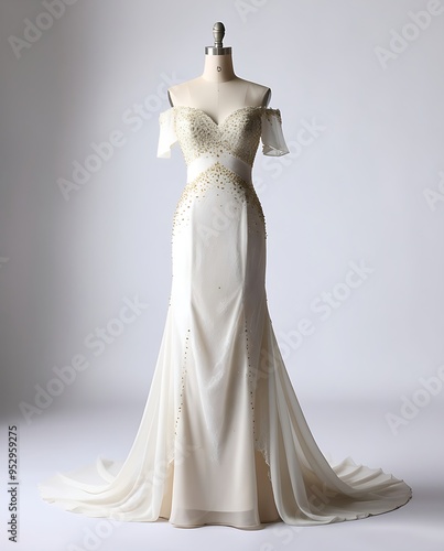 White offtheshoulder gown with intricate gold beading perfect for elegant events and formal occasions. Stunning and luxurious attire.
 photo