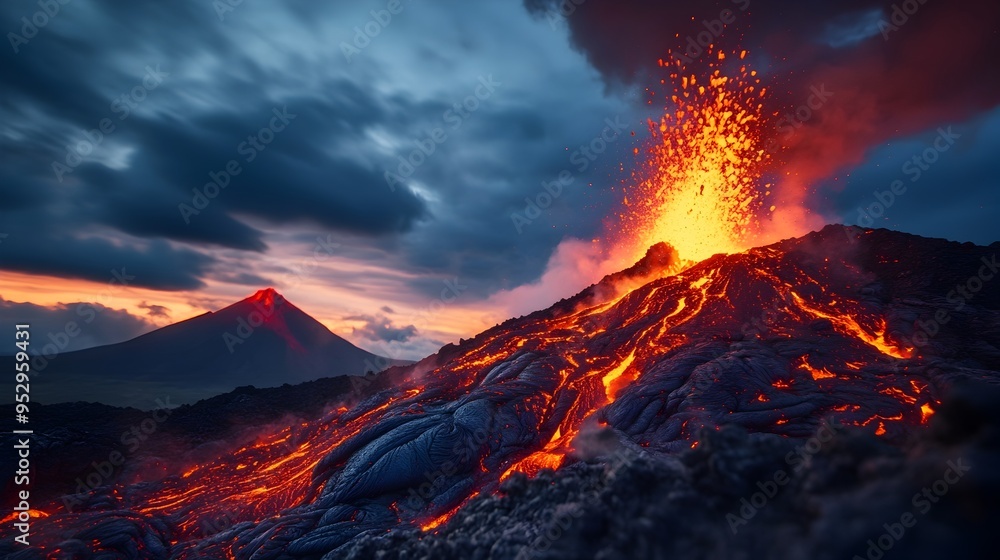Mesmerizing Volcanic Eruption at Dusk Glowing Lava Cascading Down the Mountainside Mesmerizing Volcanic Eruption at Dusk Glowing Lava Cascading Down the Mountainside