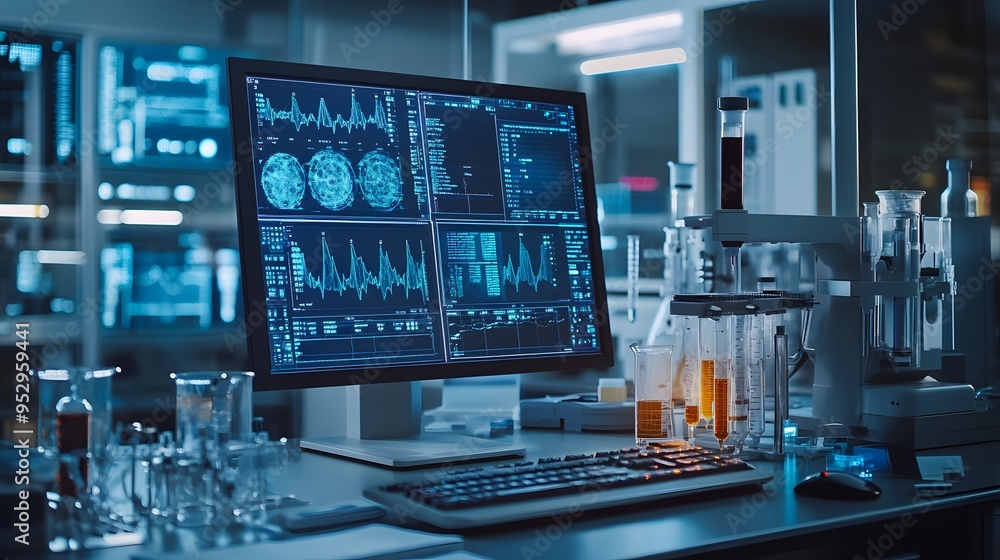 digital laboratory environment with multiple screens displaying complex ...