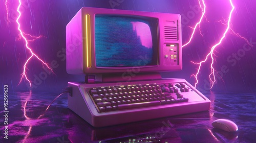 3D old desktop computer with a keyboard and mouse, set against a vibrant neon lighting background