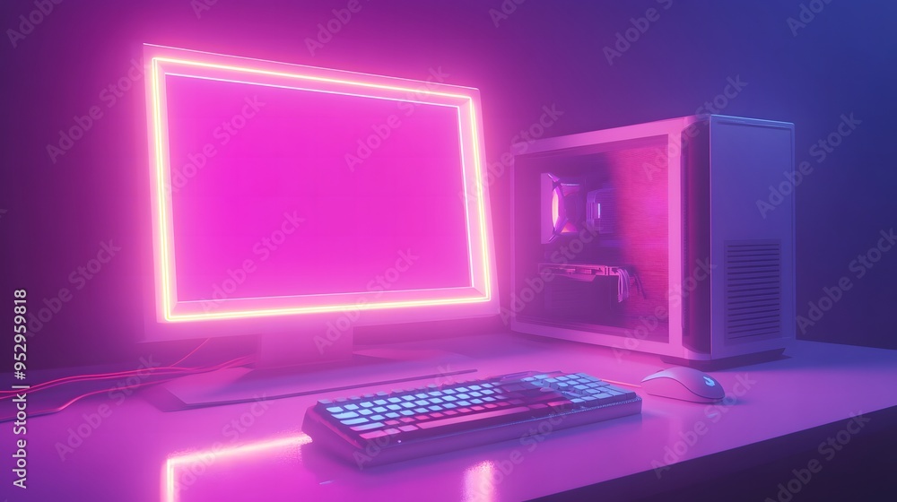 Retro 3D desktop computer with keyboard and mouse, illuminated by dynamic neon lights Retro 3D desktop computer with keyboard and mouse, illuminated by dynamic neon lights