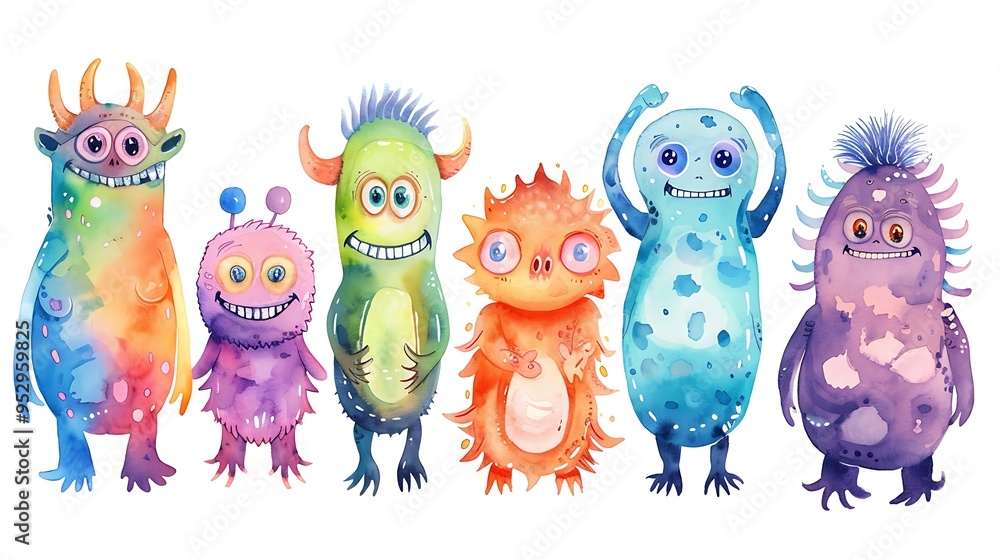 Fototapeta premium A colorful illustration of friendly, whimsical monsters with various shapes and expressions.